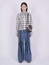 Plaid Ribbon Pleated Shirt