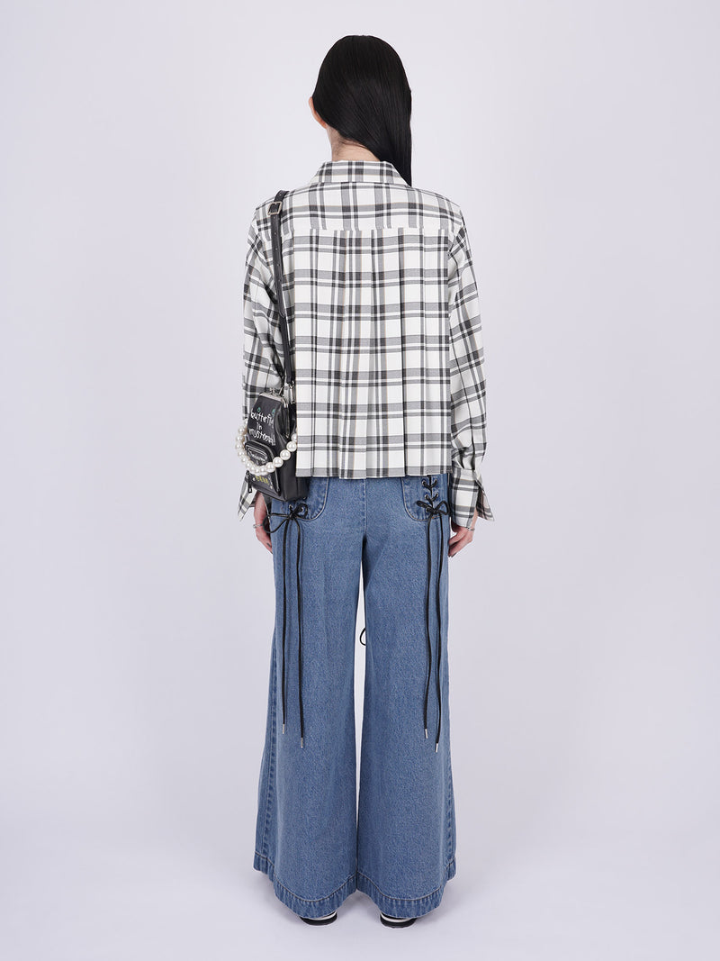 Plaid Ribbon Pleated Shirt