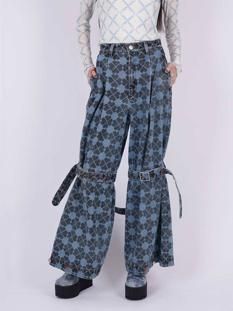 Pile Print Pixel Clover Denim Baggy Trousers