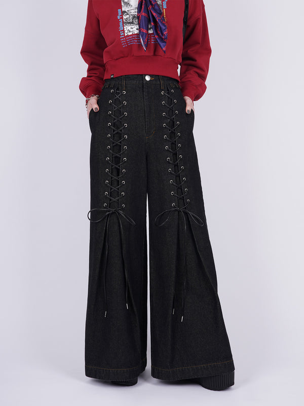 Laces-up Denim Baggy Trousers