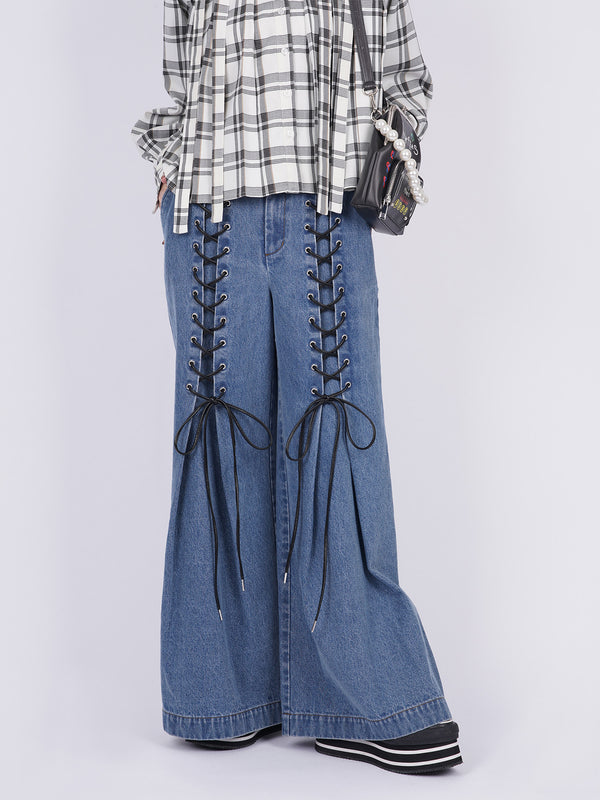 Laces-up Denim Baggy Trousers