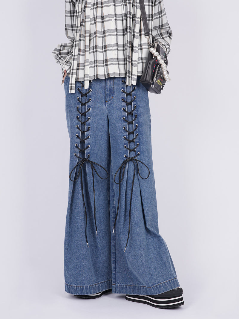 Laces-up Denim Baggy Trousers