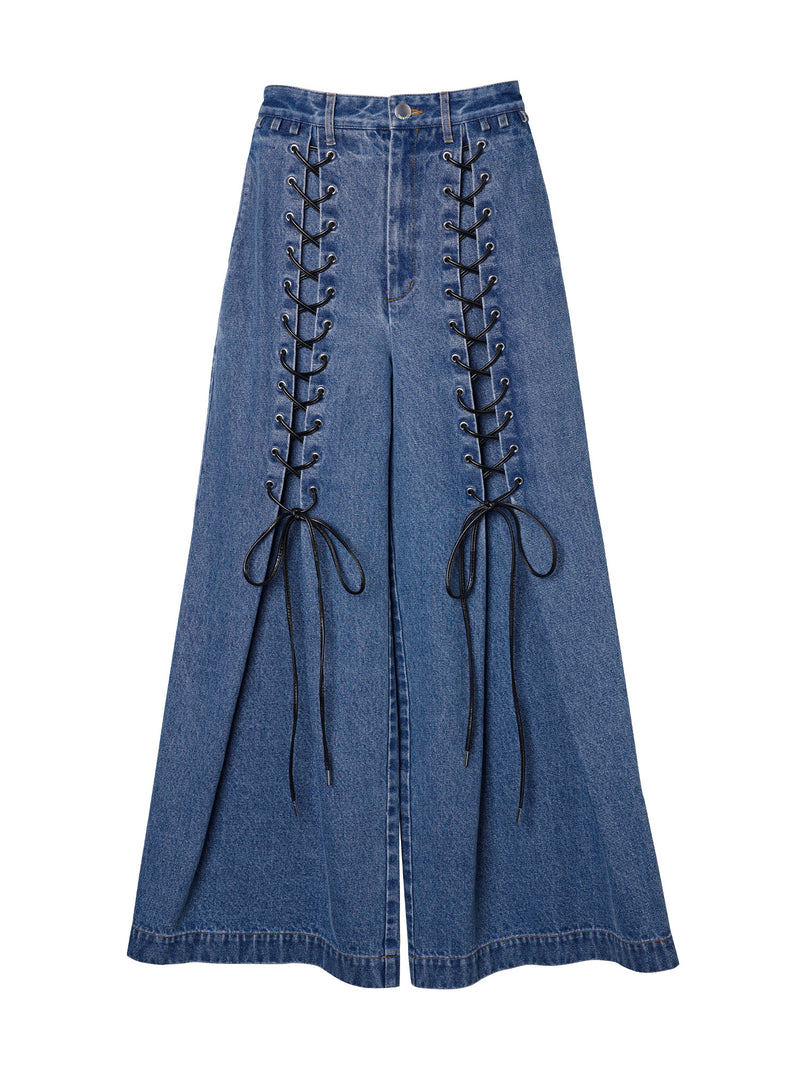 Laces-up Denim Baggy Trousers