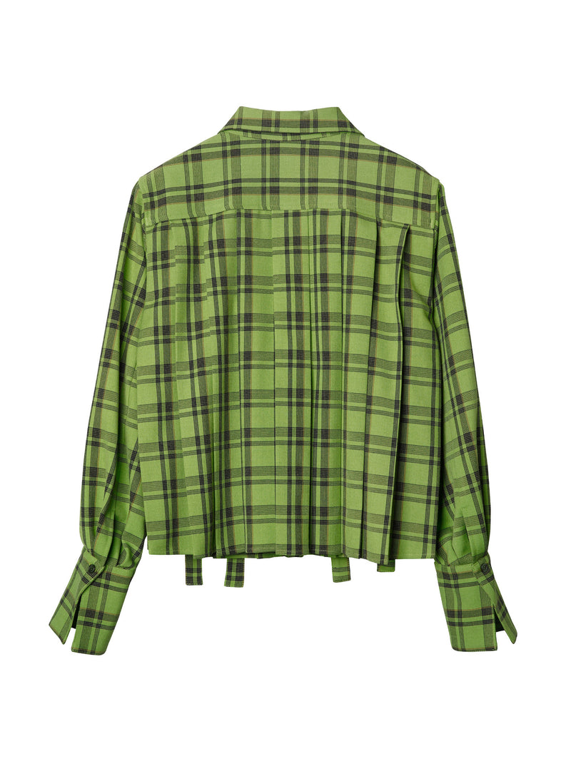 Plaid Ribbon Pleated Shirt