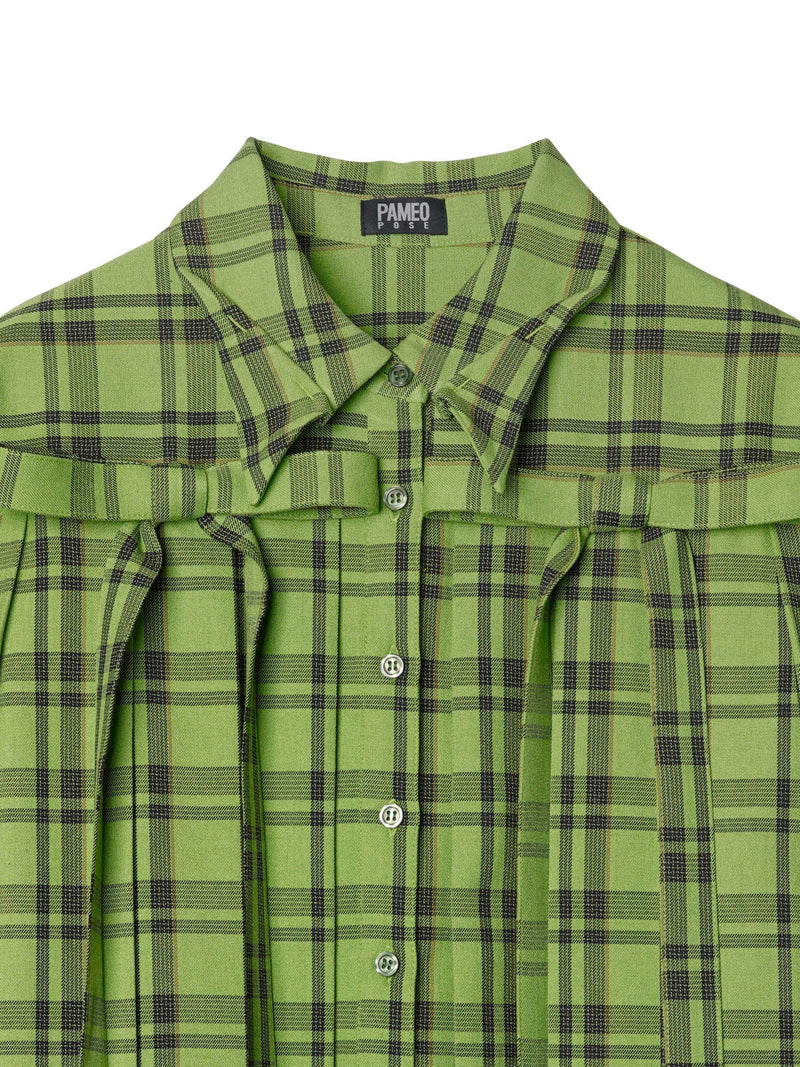 Plaid Ribbon Pleated Shirt