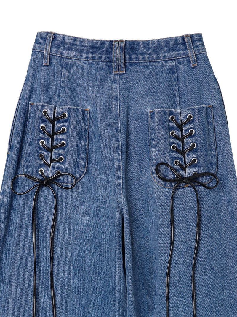 Laces-up Denim Baggy Trousers