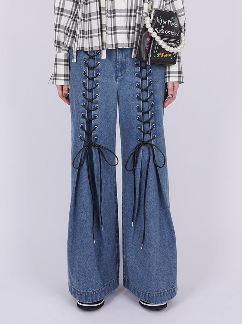 Laces-up Denim Baggy Trousers